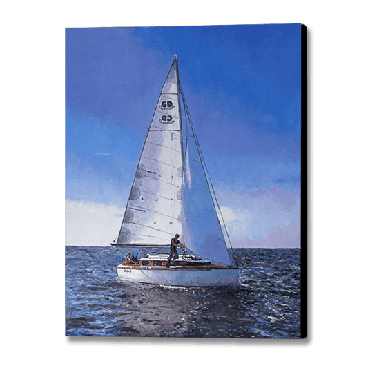 oil painting of a sailboat out on sea with clear blue skies and a far reaching horizon. Oil painting by Theo Michael
