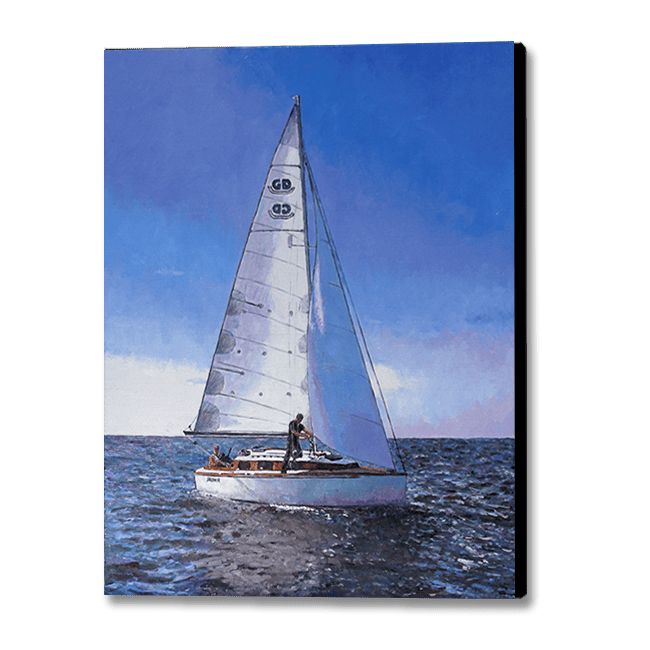 Oil painting of a Sailboat out on the water with clear blue skies showing off the vastness of the ocean.