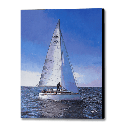 Oil painting of a Sailboat out on the water with clear blue skies showing off the vastness of the ocean.