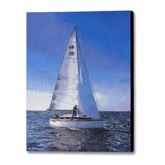 Oil painting of a Sailboat out on the water with clear blue skies showing off the vastness of the ocean.