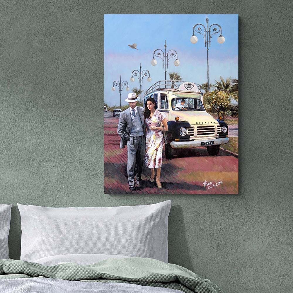 oil painting, The Sunday Stroll along the palm tree promenade in Larnaca, Finikoudes. A painting by Theo Michael featuring a classic Beford Bus and iconic and traditional Street lamps in the background.