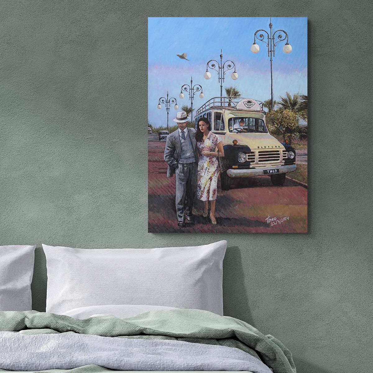 Canvas Print, The Sunday Stroll along the palm tree promenade in Larnaca, Finikoudes. A painting by Theo Michael featuring a classic Beford Bus and iconic and traditional Street lamps in the background.