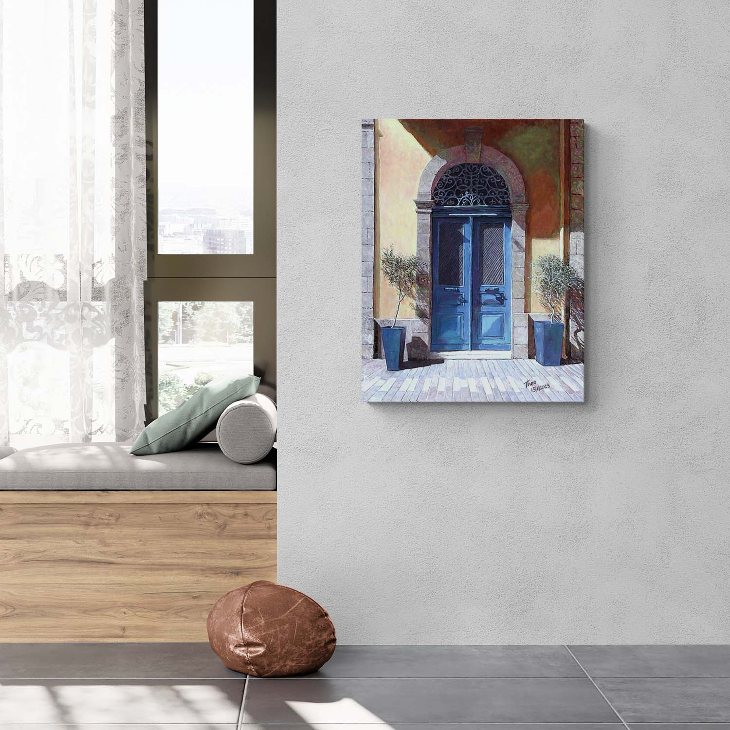 Canvas print of an oil painting, the leventis museum Nicosia, a blue door painting by Theo Michael