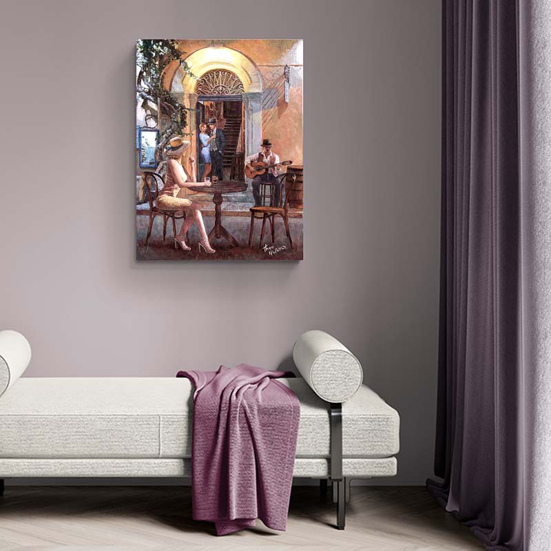 Canvas print of the oil painting The Guitar Player by Theo Michael a Cafe and Bar painting featuring a beautiful entrance to the restaurant night