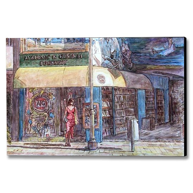 Original Oil painting by Theo Michael featuring a bookshop in Larnaca Cyprus.