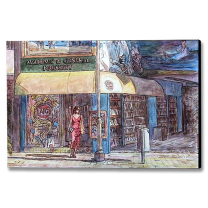 Original Oil painting by Theo Michael featuring a bookshop in Larnaca Cyprus.