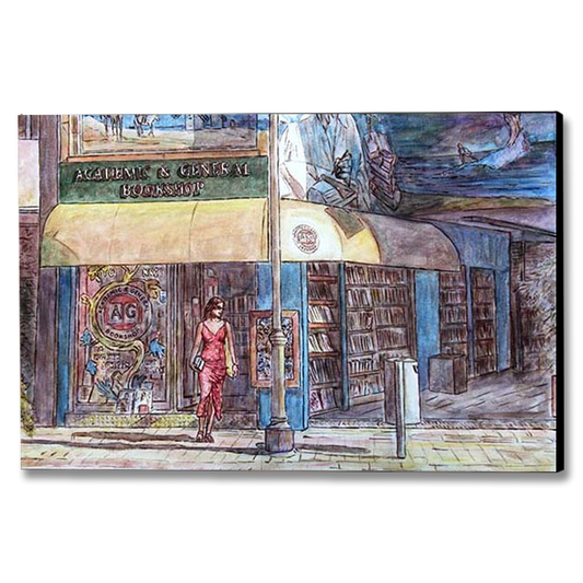 Original Oil painting by Theo Michael featuring a bookshop in Larnaca Cyprus.