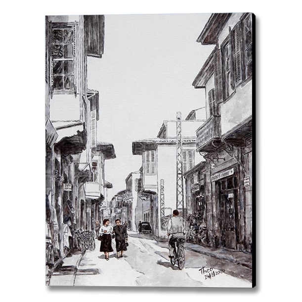 A black and white painting printed on canvas depicting Ledra street around the 1950s, featuring traditional buildings, pedestrians and a cyclist.