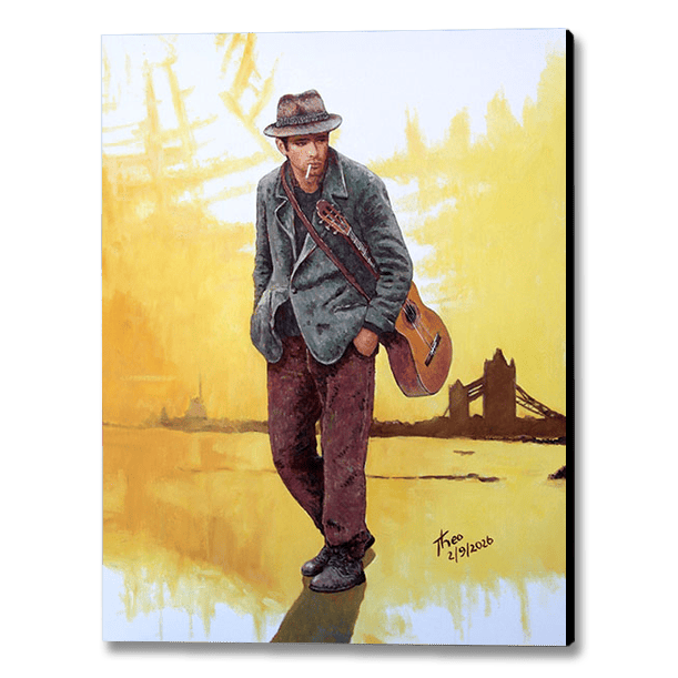 Canvas print by Theo Michael. Bathed in warm, golden sepia tones, this evocative narrative canvas reproduction blends London film noir sensibilities with soulful introspection. A brooding musician carrying a guitar slung across his back stands along the Thames, with Tower Bridge silhouetted against a softly glowing horizon.