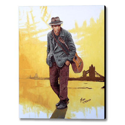Canvas print by Theo Michael. Bathed in warm, golden sepia tones, this evocative narrative canvas reproduction blends London film noir sensibilities with soulful introspection. A brooding musician carrying a guitar slung across his back stands along the Thames, with Tower Bridge silhouetted against a softly glowing horizon.