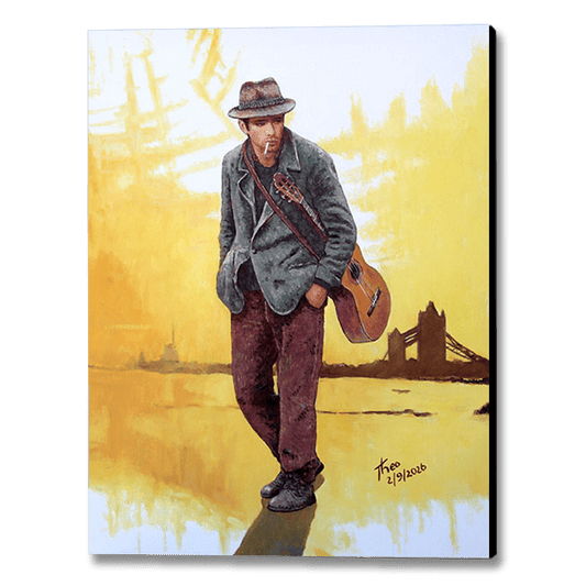 Canvas print by Theo Michael. Bathed in warm, golden sepia tones, this evocative narrative canvas reproduction blends London film noir sensibilities with soulful introspection. A brooding musician carrying a guitar slung across his back stands along the Thames, with Tower Bridge silhouetted against a softly glowing horizon.