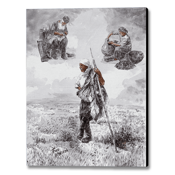 A canvas  art print featuring a monochrome illustration of three figures in a Cyprus landscape, a shepherd standing in the foreground and two traditional crafts people seated above. 