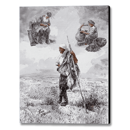 A canvas  art print featuring a monochrome illustration of three figures in a Cyprus landscape, a shepherd standing in the foreground and two traditional crafts people seated above. 