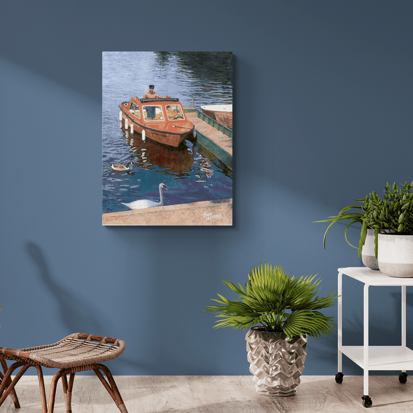 Canvas print of a boat painting on the River Thames by Theo Michael titled Boat For Hire
