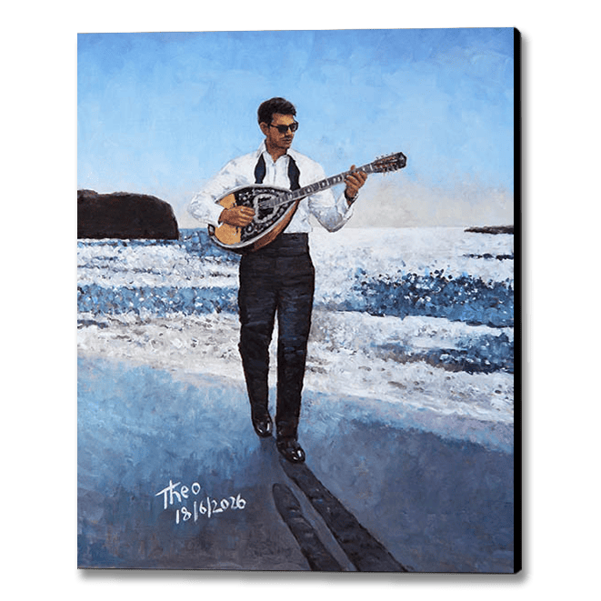 Cyprus oil painting, Bouzouki by the Beach