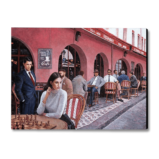 Chess painting by Theo Michael featuring the outside of a coffee shop