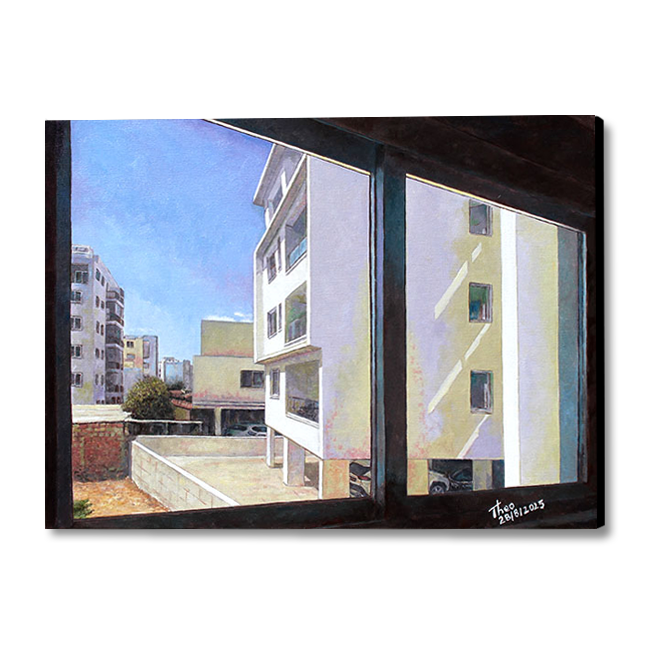 Oil painting of a window view with buildings outside by THeo Michael