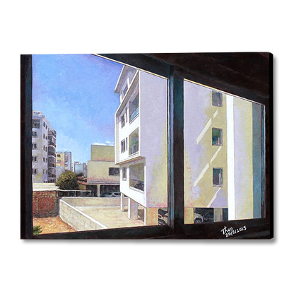 Oil painting of a window view with buildings outside by THeo Michael