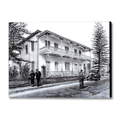 Nostalgic black and white Larnaca painting of a large house, The Pierides Museum in Larnaca by THeo Michael
