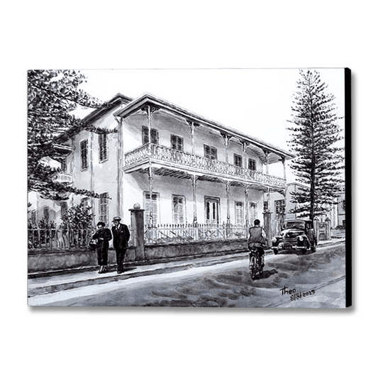 Nostalgic black and white Larnaca painting of a large house, The Pierides Museum in Larnaca by THeo Michael
