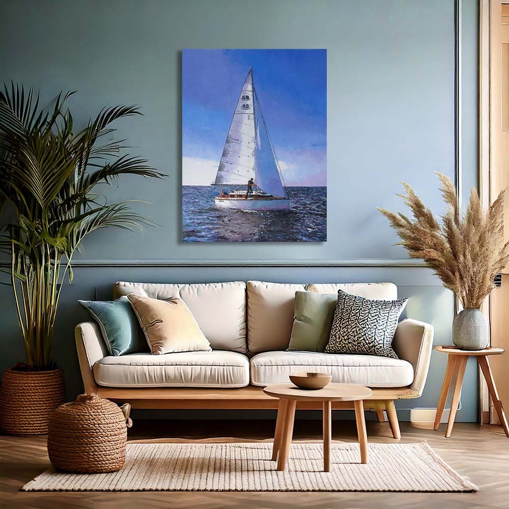 Canvas print of a sailboat out on sea with clear blue skies and a far reaching horizon. Oil painting by Theo Michael