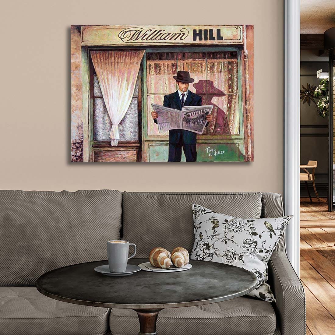 "The Betting Shop" by Theo Michael. An oil painting capturing the cinematic nostalgia of mid-century London. A modern heirloom for your collection.