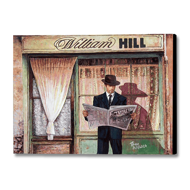 Discover "The Betting Shop" by Theo Michael. A canvas reproduction print capturing the cinematic nostalgia of mid-century London. A modern heirloom for your collection.