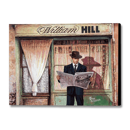 Discover "The Betting Shop" by Theo Michael. A canvas reproduction print capturing the cinematic nostalgia of mid-century London. A modern heirloom for your collection.
