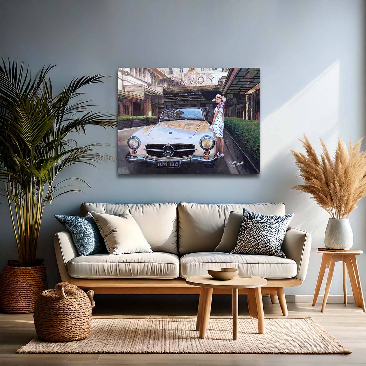 Bring home the timeless elegance of London with 'The Savoy' by Theo Michael. This high-quality canvas print features a classic Mercedes-Benz 190SL and a glamorous figure at the iconic Savoy Hotel entrance. Perfect for lovers of vintage cars, Art Deco style, and cinematic fine art.