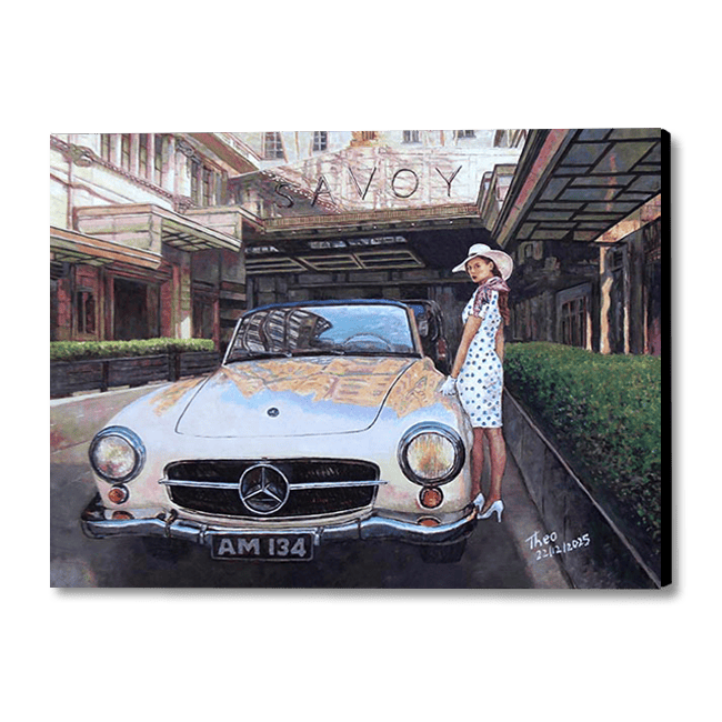 Bring home the timeless elegance of London with 'The Savoy' by Theo Michael. This high-quality oil painting features a classic Mercedes-Benz 190SL and a glamorous figure at the iconic Savoy Hotel entrance. Perfect for lovers of vintage cars, Art Deco style, and cinematic fine art.