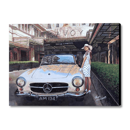 Bring home the timeless elegance of London with 'The Savoy' by Theo Michael. This high-quality oil painting features a classic Mercedes-Benz 190SL and a glamorous figure at the iconic Savoy Hotel entrance. Perfect for lovers of vintage cars, Art Deco style, and cinematic fine art.