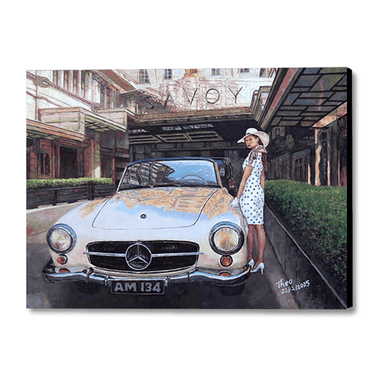 Bring home the timeless elegance of London with 'The Savoy' by Theo Michael. This high-quality oil painting features a classic Mercedes-Benz 190SL and a glamorous figure at the iconic Savoy Hotel entrance. Perfect for lovers of vintage cars, Art Deco style, and cinematic fine art.