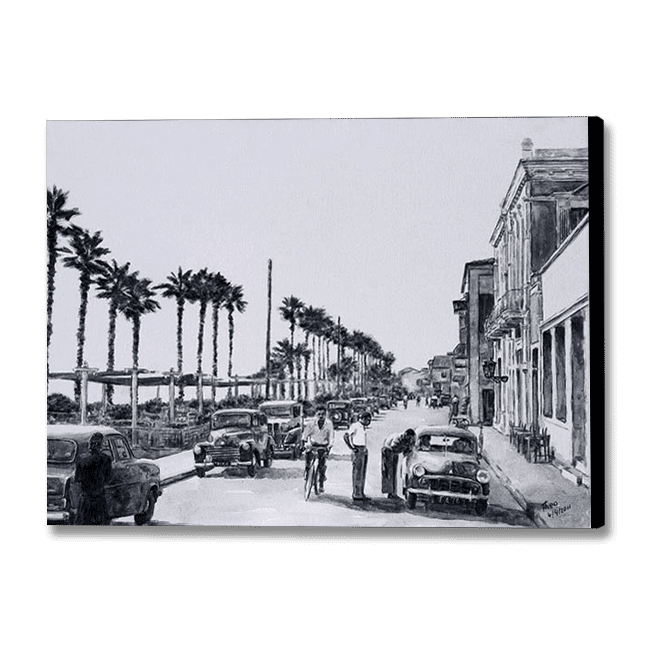 1950s painting Larnaca Promenade, Finikoudes, Cyprus Life. Discover nostalgic Art by Theo Michael: Canvas Art and Fine Art Prints for Your Home