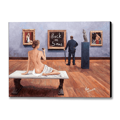 A canvas print of an oil painting showing the interior of an art gallery by Theo Michael titled Back In 5 Minutes