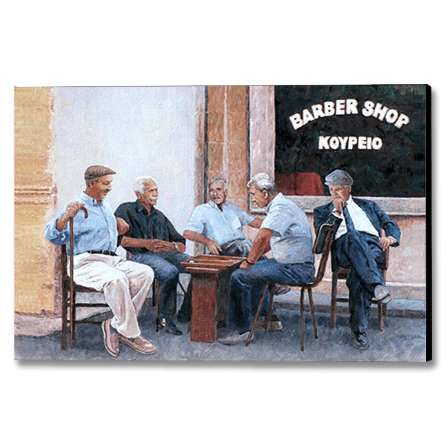 oil painting of Cyprus traditions, The Backgammon Players by Theo Michael featuring a group of men idling their time away with a game of backgammon.