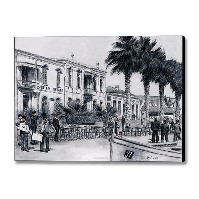 Canvas Print of a nostalgic larnaca seafront painting by Theo Michael titled Beau Rivage
