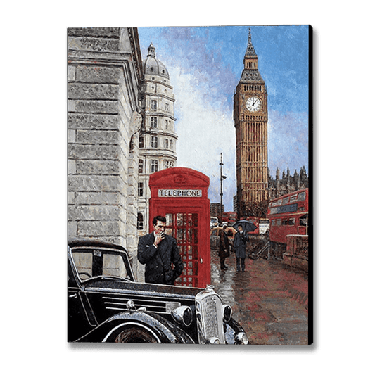 Big Ben Canvas Print, a nostalgic London street scene with red buses, telephone boxes and classic cars