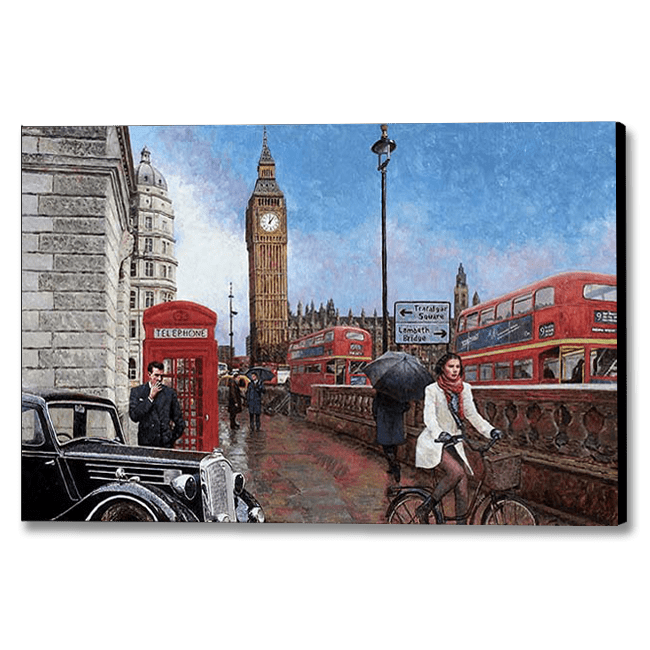 Big Ben oil painting with London Buses and iconic telephone red box
