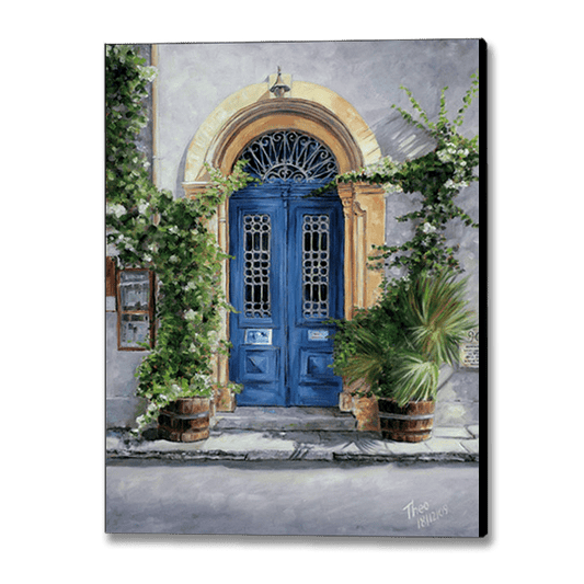 Blue Door Paintings by Theo Michael titled The Blue Door and featuring the Art Cafe in Larnaca Cyprus