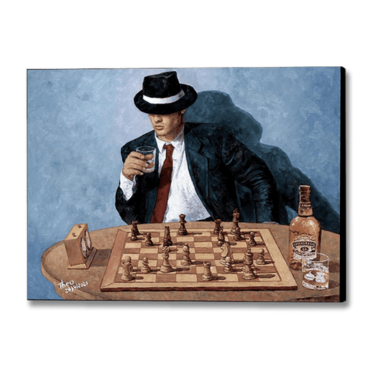 chess painting of a chess player at his game drinking Chivas Regal from Art by Theo Michael