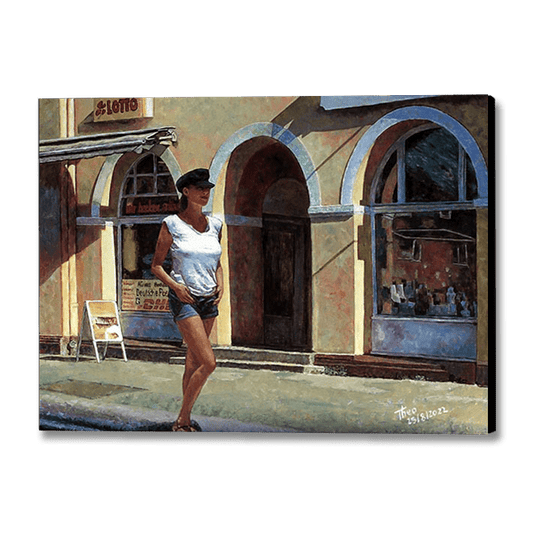 Edward Hopper style painting titled Daydreamer. Enhance Your Home with Art by Theo Michael: Figurative Canvas Paintings and Fine Art Prints