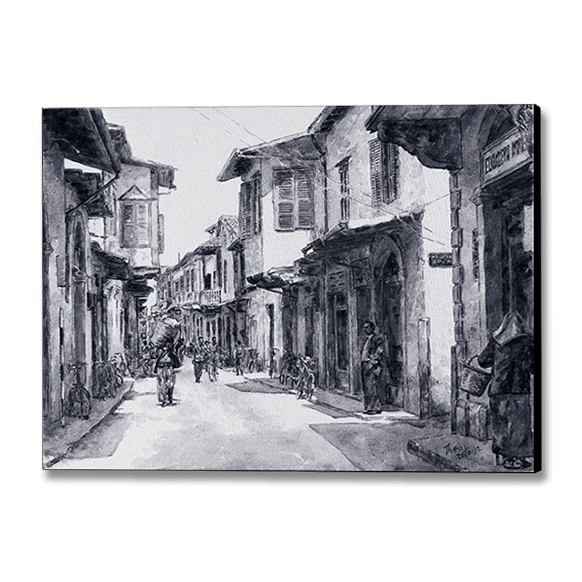 Canvas Print of a nostalgic Larnaca painting by Theo Michael titled Ermou Street