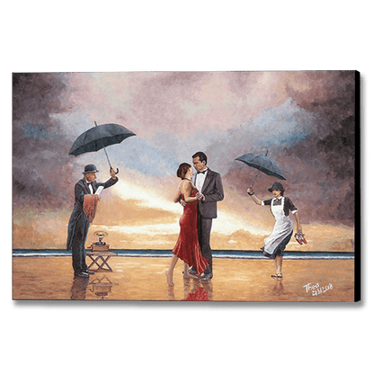 Homage to the Singing Butler, a painting inspired by Jack Vettriano and painted by Theo Michael. Beautify Your Home with  Stylish Canvas Art and Fine Art Prints of dance paintings by the beach