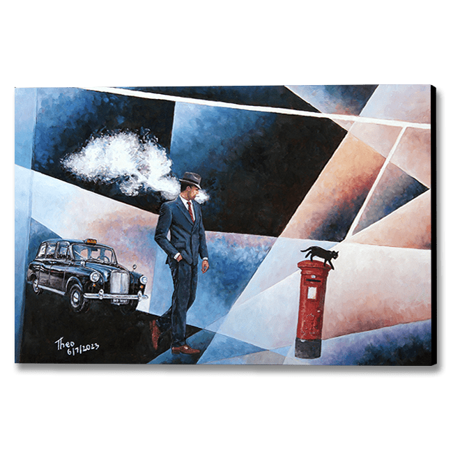 oil painting Keep Walking by Theo Michael, a surreal film noir style painting with a London cab and an iconic London letter box.