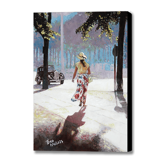 Nostalgic oil painting of a woman walking down the street. Bring Your Walls to Life with Art by Theo Michael: High-Quality Fine Art Prints