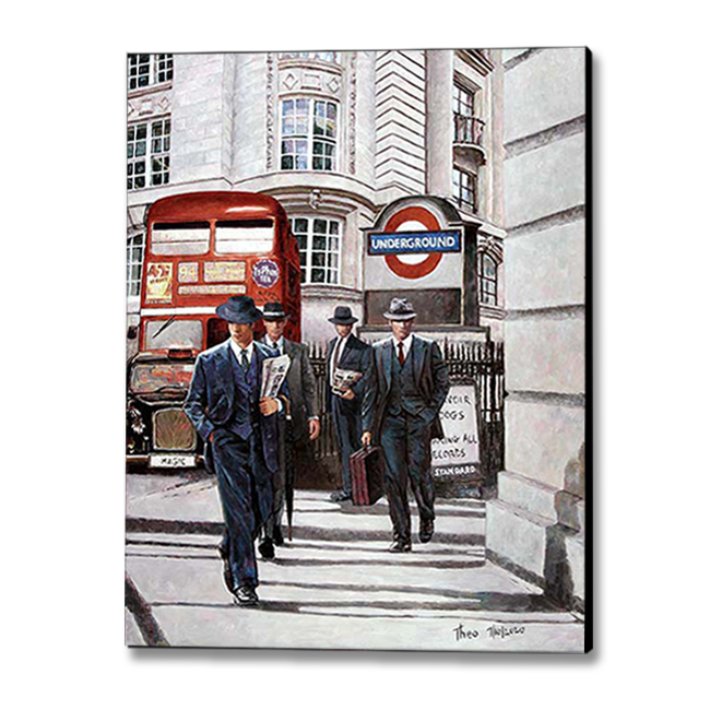 Canvas Print of London painting  with iconic bus and taxi by Theo Michael inspired by Quentin Tarantino's Reservoir Dogs