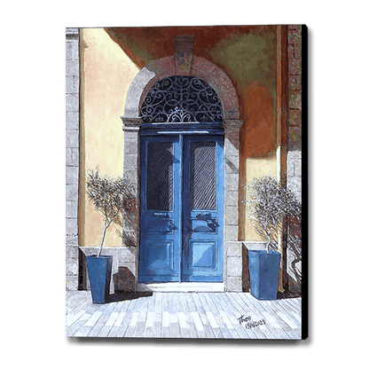 Canvas print of an oil painting, the leventis museum Nicosia a blue door painting by Theo Michael