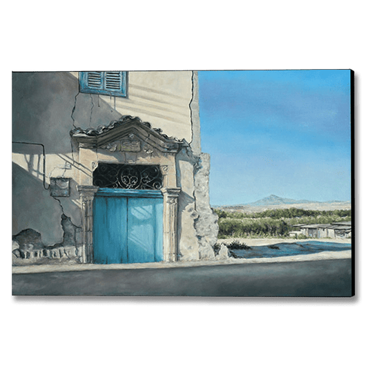 Canvas Print of a Mediterranean Blue Door painting with the mountain of Stavrovouni in Cyprus in the background by Theo Michael