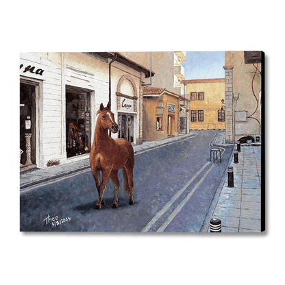  oil painting by Theo Michael titled One Horse Town, a chestnut mare is trotting down the deserted high street in Larnaca Cyprus