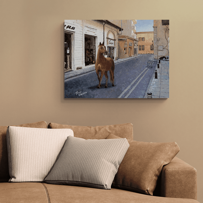 Canvas print after an oil painting by Theo Michael titled One Horse Town, a chestnut mare is trotting down the deserted high street in Larnaca Cyprus